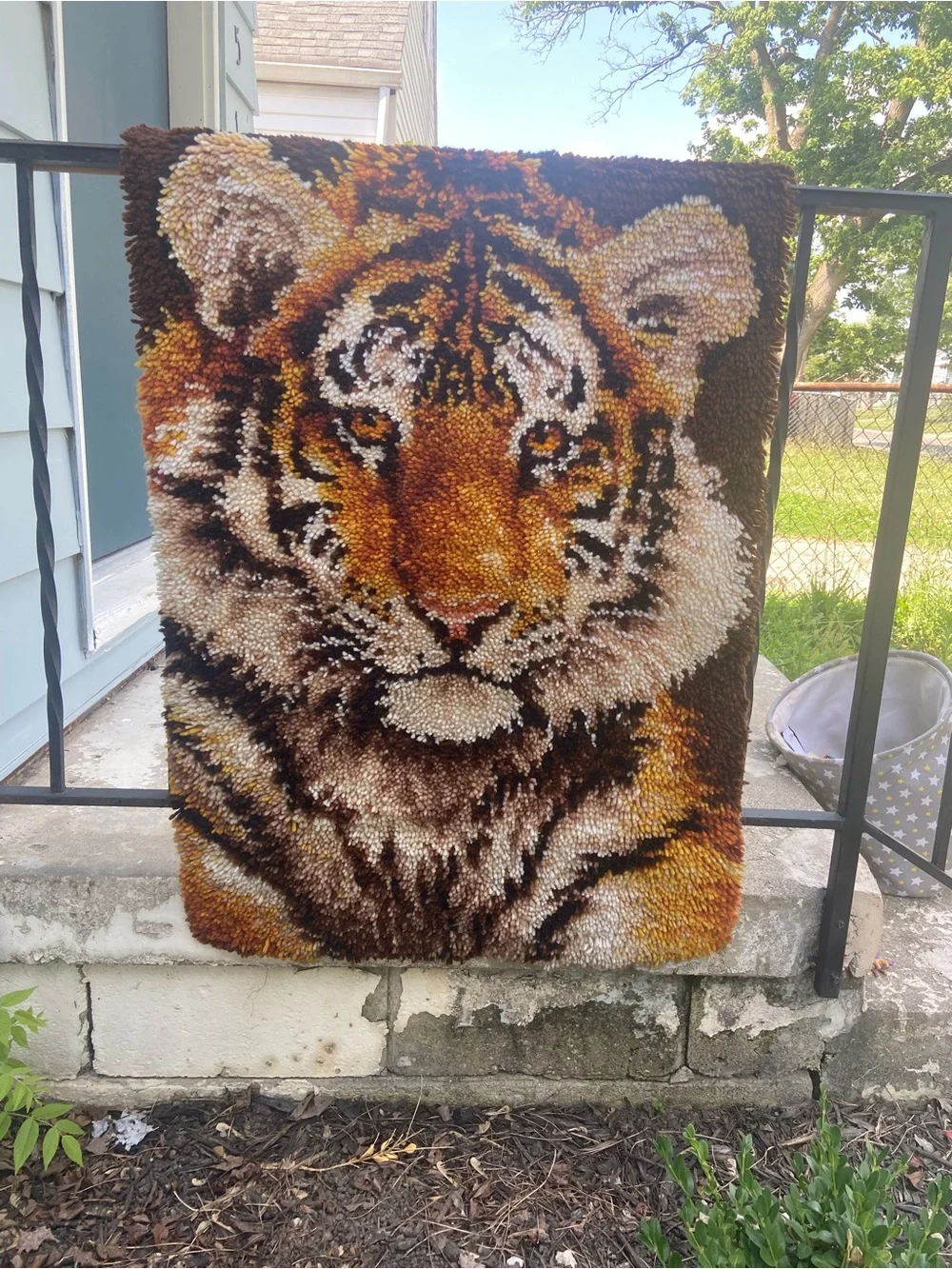 Handmade Tiger Latch Hook Wall Hanging - Brown and Gold